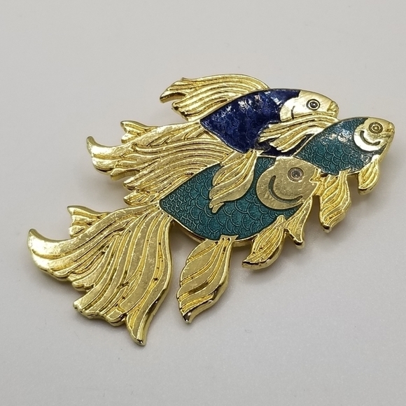 Fish Crown Enamel Gold Tone Bar Pin Brooch Vintage Angel Koi Fish Swimming Blue - Picture 12 of 12
